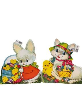 2 NEW 12" Vintage Paper Die Cut 2Sided Cardboard Easter Chicks Duck RABBIT BUNNY